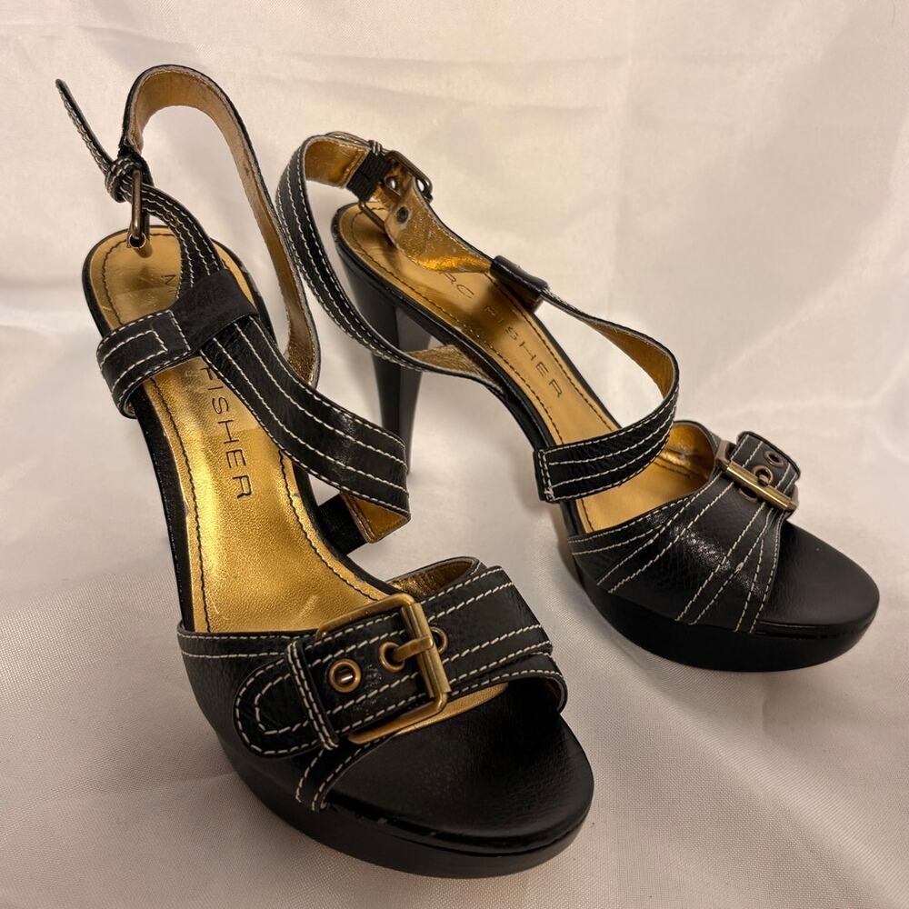 Marc Fisher Black Strappy Platform Heels Buckle Contrast Stitch Y2K Style